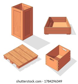 Wooden box isometric vector set icon. Pallets fruits and vegetables transportation containers, drawers and empty wood crates, cargo distribution packs. Delivery wooden box and parcels, cargo, logistic