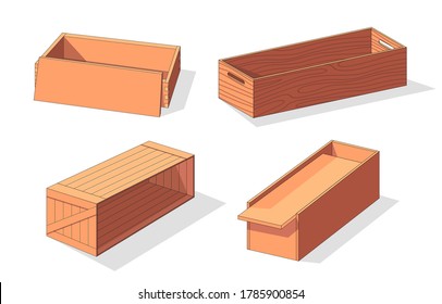 Wooden box isometric vector set icon. Pallets fruits and vegetables transportation containers, drawers and empty wood crates, cargo distribution packs. Delivery wooden box and parcels, cargo, logistic