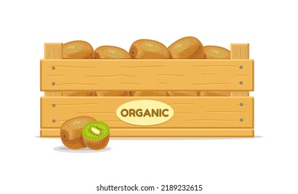 Wooden Box With Kiwi. Fruit Box Icon. Vector Illustration Isolated On White Background.