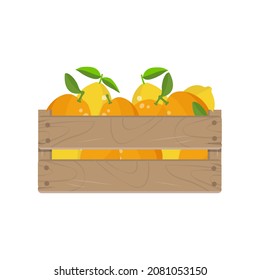 Wooden box with lemon and orange fruit, isolated on white background. Vector illustration