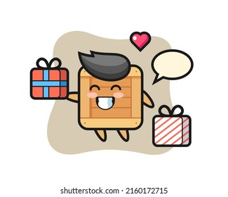 wooden box mascot cartoon giving the gift , cute style design for t shirt, sticker, logo element