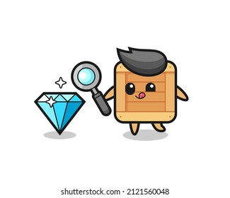 wooden box mascot is checking the authenticity of a diamond , cute style design for t shirt, sticker, logo element