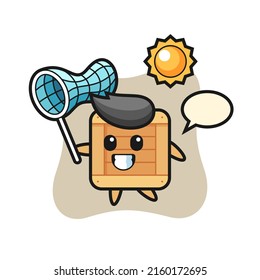 wooden box mascot illustration is catching butterfly , cute style design for t shirt, sticker, logo element