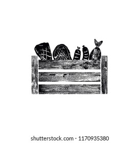 Wooden Box with meat and fish. Grunge silhouette of Crate. Can be yused like icon, logo or other design element in your works. Vector illustration.