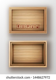 Wooden box open and closed realistic vector illustration. Wooden crate or cargo box for storage, transportation and delivery of product with postal symbols and metal nails isolated on white background