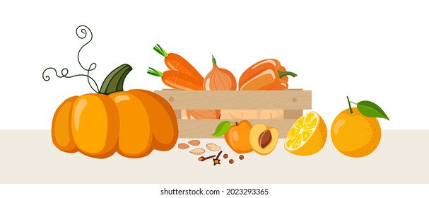 Wooden box with orange vegetables, fruits, seeds. Orange halthy food in wooden box isolated on white. Fresh organic food, healthy eating. Eat colors for your health. Rainbow of fruits and vegetables.