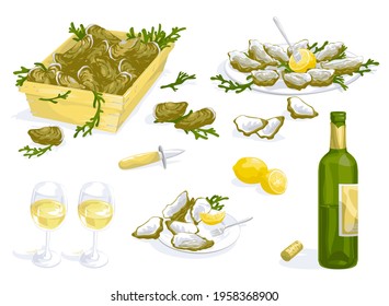 wooden box with oysters set. Plate, lemon, bottle of wine, two glasses