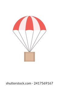 wooden box package parcel air drop with parachute. Airmail shipping delivery