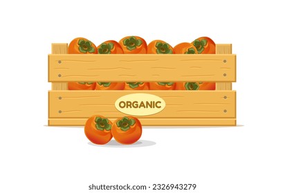 Wooden box with persimmon. Fruit box icon. Vector illustration isolated on white background.