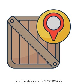 caja de madera con puntero sobre la ubicación en el diseño de ilustración vectorial de fondo blanco