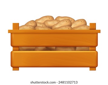 Wooden box with potato. Vector clipart isolated on white background.