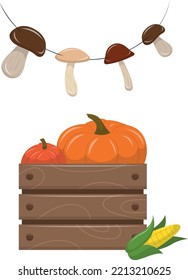Holzkiste mit Kürbissen, über die Pilze hängen, Vektorgrafik.
