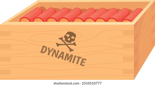 Caja de madera con dinamita roja. Icono explosivo de la historieta minera aislado en el fondo blanco