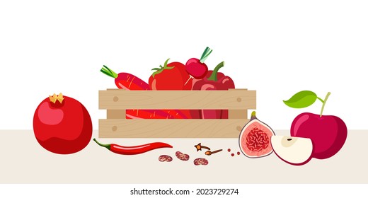 Wooden box with red vegetables and fruits. Red halthy food in wooden box isolated on white. Fresh organic food for menu, banner for healthy eating, for farmers market. Eat colors for your health.