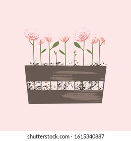Wooden box of seedlings. New plants with green leaves and pink flowers. Planting, growing and gardening concept. Flat vector illustration. 