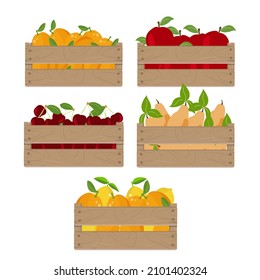 Wooden box set with fruits, Case with orange, lemon, apple, pear and cherry isolated on white background. Vector illustration