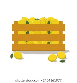 Wooden box set with fruits, Case with lemon isolated on white background