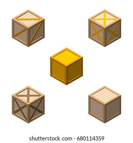 Wooden box set. Isolated on white background. 3d Vector illustration. Isometric view.