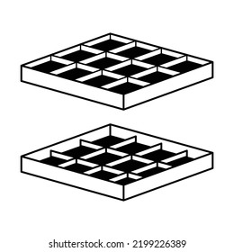 Caja de madera para clasificación y almacenamiento. Embalaje para el transporte y entrega de varias mercancías. Caja de cartón con compartimentos. Ilustración de estilo gráfico plano.