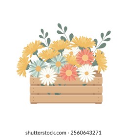 Wooden box with spring flowers. Pastel colors. Greeting card, cute illustration