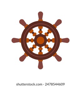 Wooden box steering wheel in flat style. Old ship rudder icon on white background. Captain's bridge.