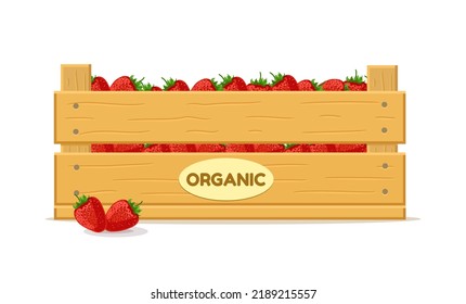 Wooden Box With Strawberries. Fruit Box Icon. Vector Illustration Isolated On White Background.