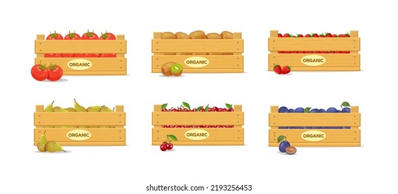 Wooden Box With Tomatoes, Kiwi, Strawberries, Pears, Cherries And Plums. Set. Fruit Box Icon. Vector Illustration Isolated On White Background.