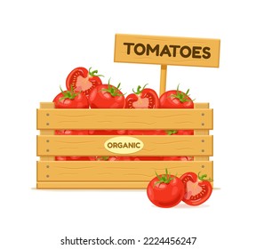 Holzkiste mit Tomaten und einem Schild. Pflanzenkasten-Symbol. Vektorgrafik einzeln auf weißem Hintergrund.