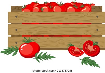 
Holzkiste mit Tomaten. Vektorgrafik einzeln auf weißem Hintergrund.