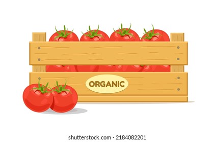 Wooden box with tomatoes. Vegetable box icon. Vector illustration isolated on white background.