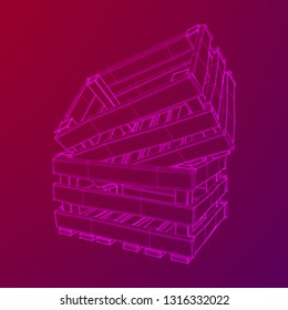 Wooden box for transportation and storage of products. Empty crate for fruits and vegetables. Model wireframe low poly mesh vector illustration