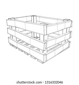 Wooden box for transportation and storage of products. Empty crate for fruits and vegetables. Model wireframe low poly mesh vector illustration