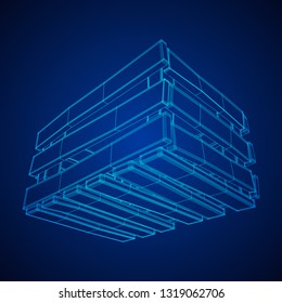 Wooden box for transportation and storage of products. Empty crate for fruits and vegetables. Model wireframe low poly mesh vector illustration
