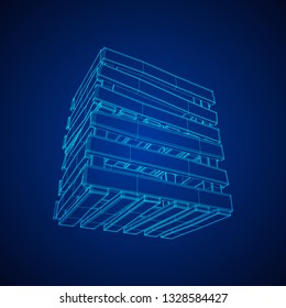 Wooden box for transportation and storage of products. Empty crate for fruits and vegetables. Model wireframe low poly mesh vector illustration