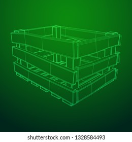 Wooden box for transportation and storage of products. Empty crate for fruits and vegetables. Model wireframe low poly mesh vector illustration