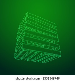 Wooden box for transportation and storage of products. Empty crate for fruits and vegetables. Model wireframe low poly mesh vector illustration