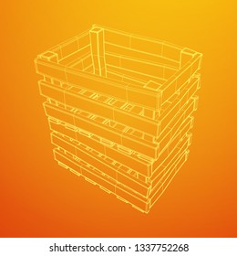 Wooden box for transportation and storage of products. Empty crate for fruits and vegetables. Model wireframe low poly mesh vector illustration