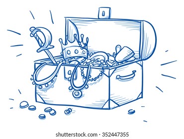 Wooden box and treasure chest, full of gold coins, necklaces and other jewelry,  hand drawn vector illustration.