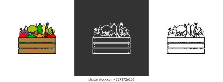 A wooden box with various vegetables. Vegan box icon.