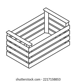 hölzerner Kasten, Vektorsymbol. Isometrische Umrisslinie, Vektorsymbol einzeln auf weißem Hintergrund, Holzbox .