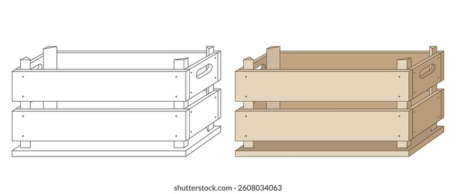Wooden box. Vector illustration isolated on white. Black line. Coloring page. You can put objects in the box.