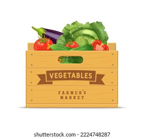 Wooden box with vegetables cabbage, eggplant, tomato and cucumber. Vector illustration isolated on white background.