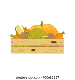 Wooden box of vegetables - carrot, pumpkim, corn, cabbage, potato, cartoon vector illustration isolated on white background. Carrot, pumpkim, corn, cabbage, potato vegetables in wooden storage box