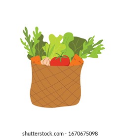 Wooden box with vegetables colorful cartoon vector illustration. Vegetarian nutrition market concept: onion pumpkin tomato carrot salad and other product. Organic healthy food harvest delivery package