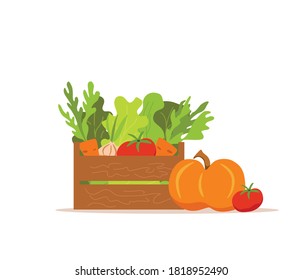 Wooden box with vegetables colorful cartoon vector illustration. Vegetarian nutrition market concept: onion pumpkin tomato carrot salad and other product. Organic healthy food harvest delivery package