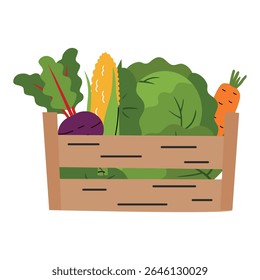 wooden box with vegetables. Healthy food in a bag. Shopping for organic products. Say no to plastic. Harvesting. Eco concept. Vector flat illustration