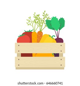 Wooden box with vegetables: tomatoes, carrots, capsicums, beetroots. Harvest concept vector illustration