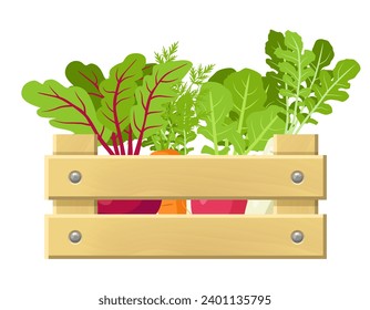 Wooden box with vegetables. Vector clipart isolated on white background.