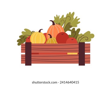 A wooden box which vegetables, contains pumpkin, tomatoes, greens, lettuce. A generous autumn harvest, a healthy diet. Eat local. Farmers market concept. Flat vector illustration. 