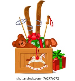 Wooden box with winter attributes isolated on white background. Christmas gifts and sports entertainment. Sketch of festive poster, party invitation, holiday card. Vector cartoon close-up illustration